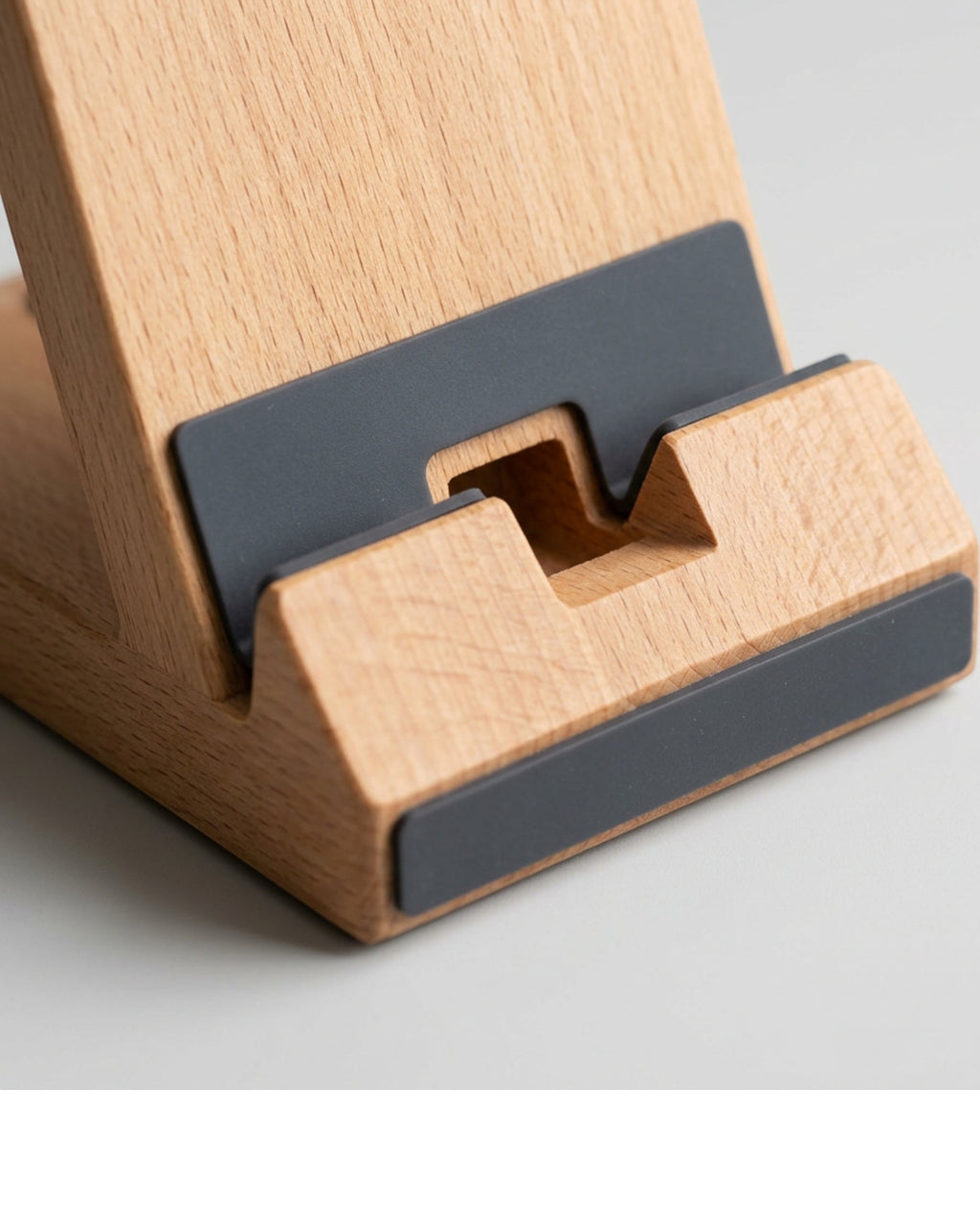 Namec Solid Beech Phone Stand 62 Degree Slot Natural and Charcoal - Detail view