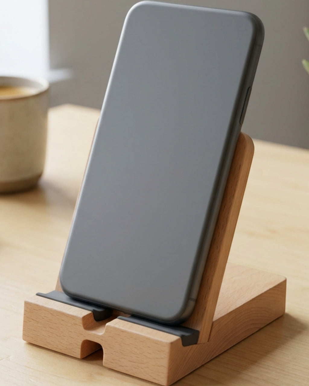 Namec Solid Beech Phone Stand 62 Degree Slot Natural and Charcoal - Lifestyle view