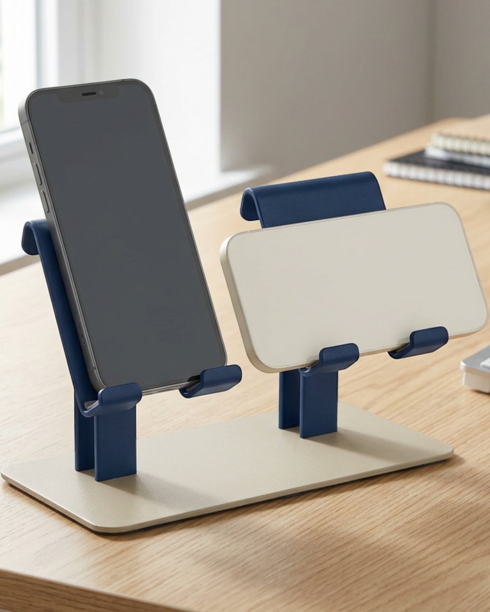 Namec Dual-Device Steel Phone Stand with 2 Tilting Cradles Sand and Navy - Lifestyle view