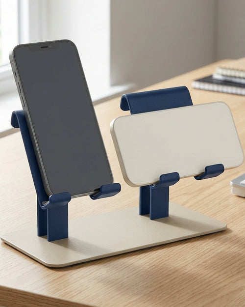 Namec Dual-Device Steel Phone Stand with 2 Tilting Cradles Sand and Navy - Lifestyle view